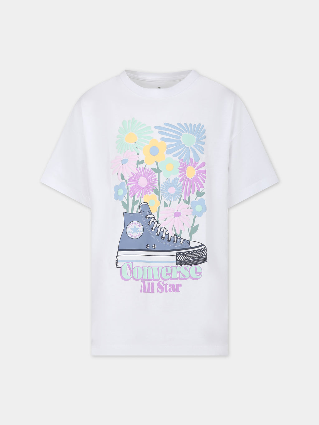 T-shirt en coton blanc pour fille avec imprimé chaussere et fleurs
